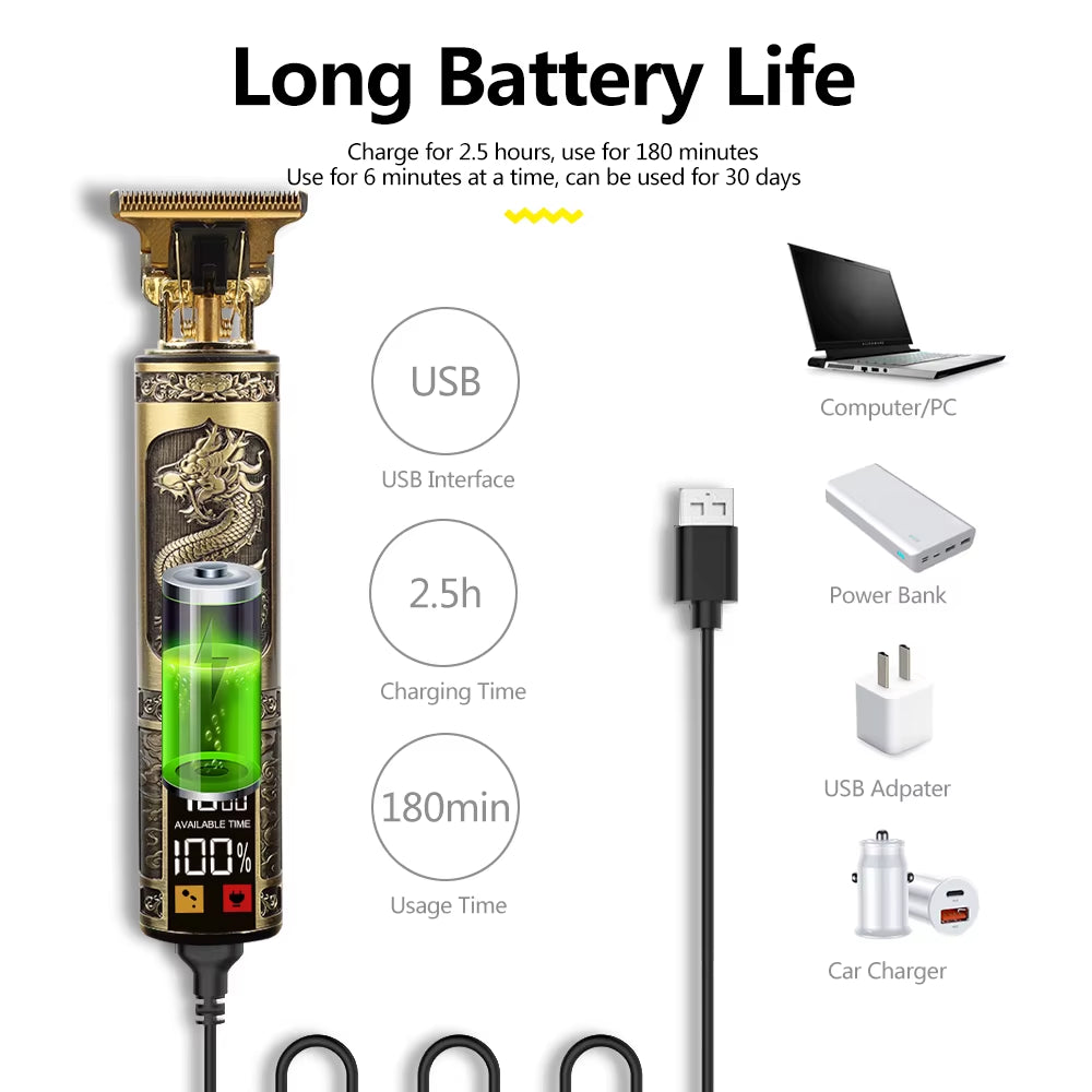 USB Electric LCD Hair Clipper Trimmer All in One Gold Light Head Rechargeable Hair Clipper Oil Head Hair Carving Mark Razor